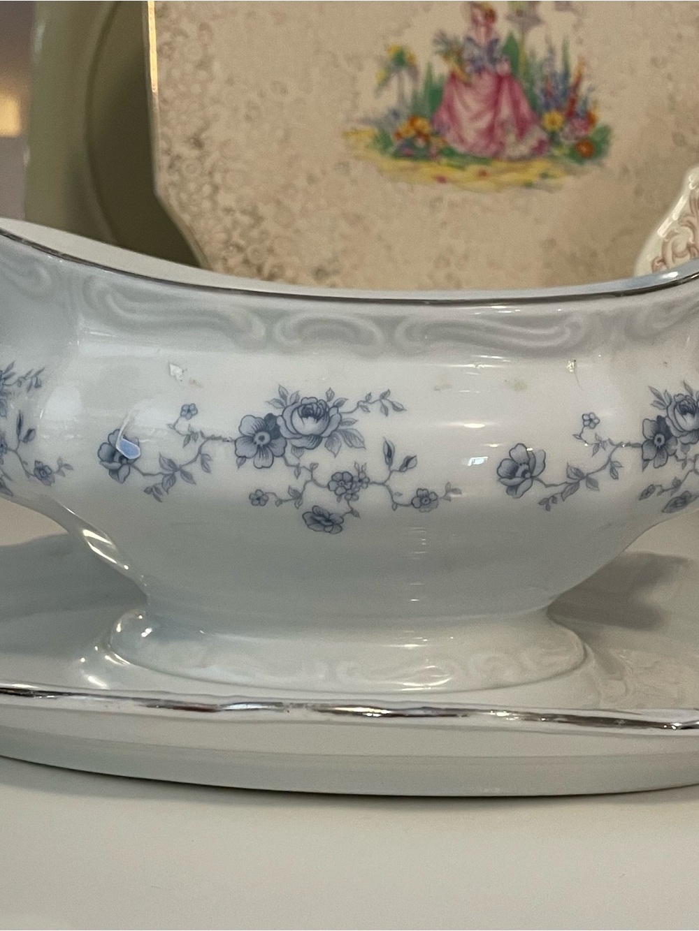 Haviland White Gravy Boat with Blue Floral Motif and Silver Trim